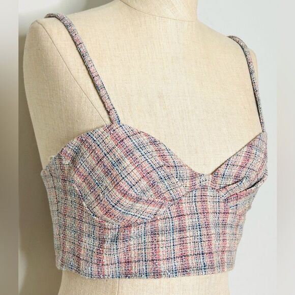 NEW Zara Tweed Boucle Knit Corset Crop Top Bralette Pink & Blue Metallic Medium - Picture 3 of 16